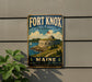 A vintage-style metal sign for Fort Knox State Historic Site in Maine, featuring a castle, moat, and surrounding landscape.
