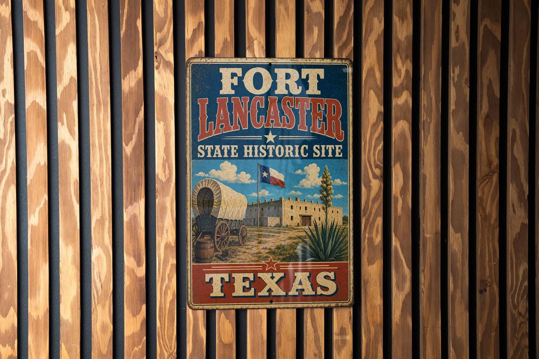 A vintage-style metal sign for the Fort Lancaster State Historic Site in Texas, featuring an illustration of a wagon and a building.