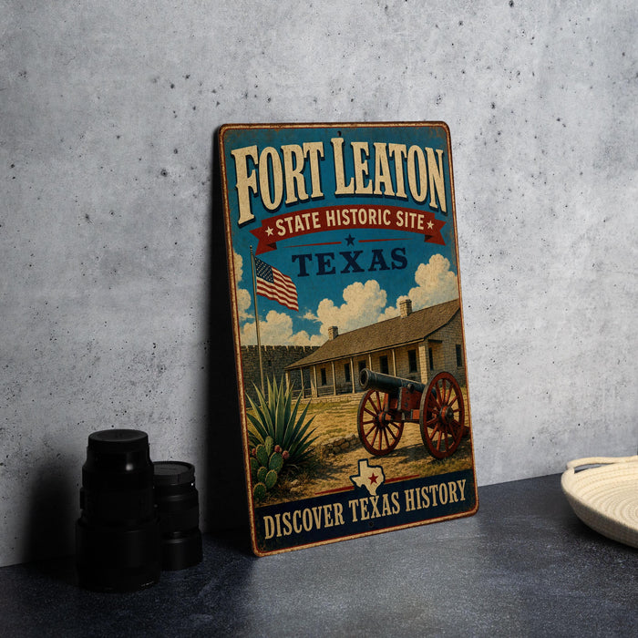 A vintage-style metal sign for the Fort Leaton State Historic Site in Texas, featuring an illustration of a cannon and a house, with the text "Fort Leaton" and "Discover Texas History" prominently displayed.