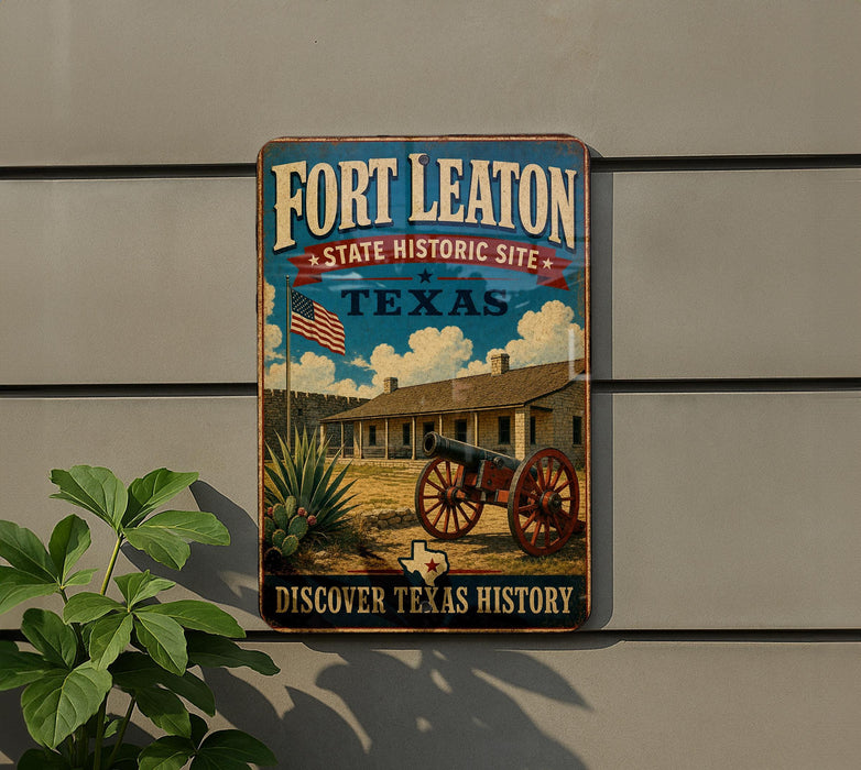 a sign for Fort Leaton, a historic site in Texas, with a cannon and a building depicted on it.