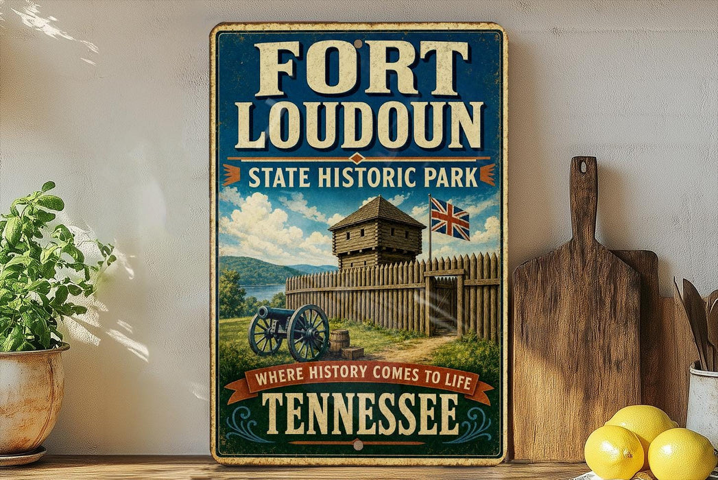 A vintage-style metal sign for Fort Loudoun State Historic Park in Tennessee, featuring a wooden fort and a Union Jack flag.