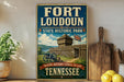 A vintage-style metal sign for Fort Loudoun State Historic Park in Tennessee, featuring a wooden fort and a Union Jack flag.