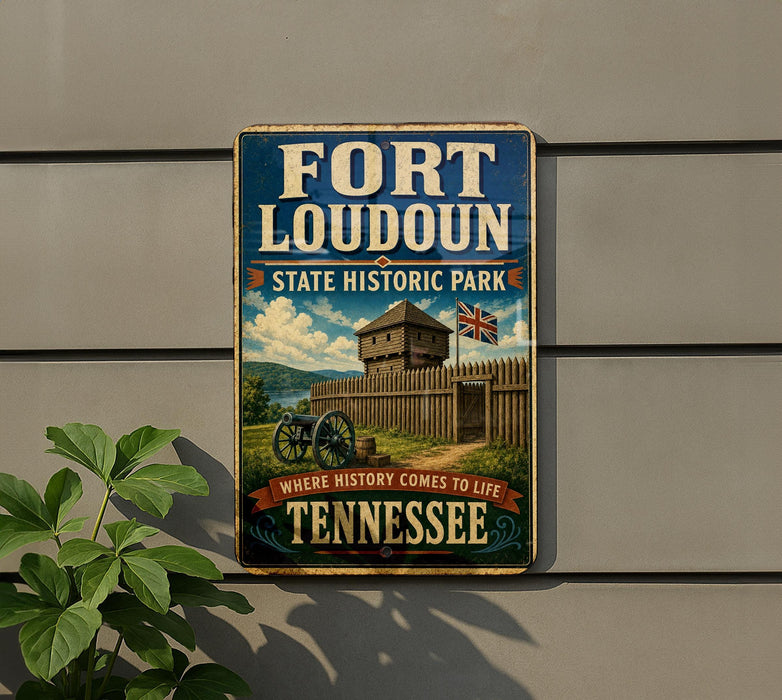 A vintage-style sign for Fort Loudoun State Historic Park in Tennessee, featuring a wooden fort and a Union Jack flag, mounted on a gray wall.