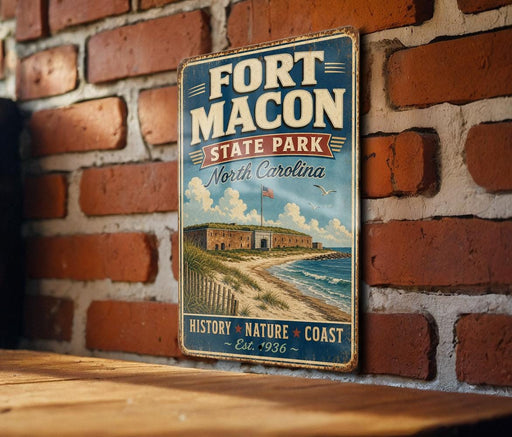 A vintage-style metal sign for Fort Macon State Park in North Carolina, featuring a coastal landscape with a castle, beach, and ocean.