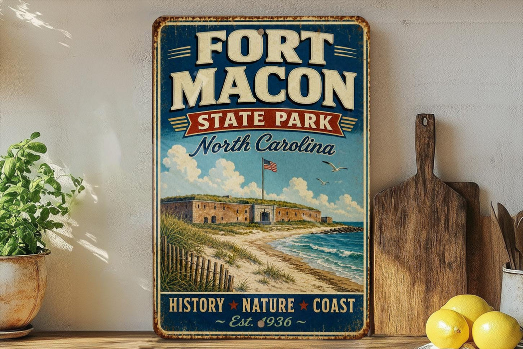 A vintage-style sign for Fort Macon State Park in North Carolina, featuring an illustration of the fort and beach.