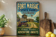 A vintage-style metal sign for Fort Massac State Park in Illinois, featuring a cannon and a wooden fence, with the text "Historic Frontier Adventure Awaits".