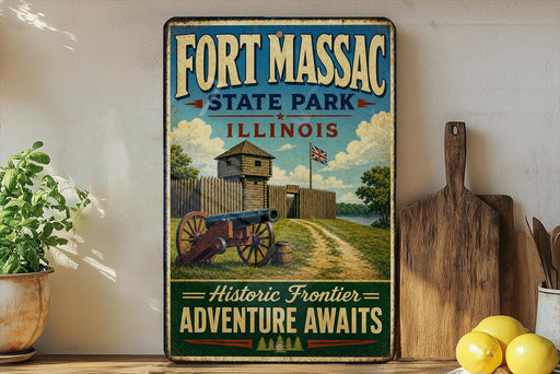 A vintage-style metal sign for Fort Massac State Park in Illinois, featuring a cannon and a wooden fence, with the text "Historic Frontier Adventure Awaits".