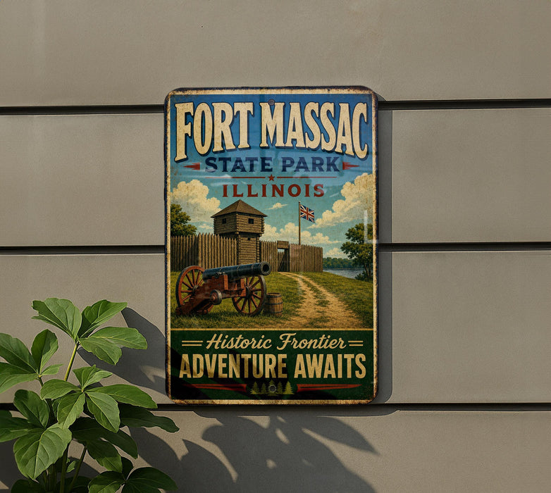 A vintage metal sign for Fort Massac State Park in Illinois, featuring a cannon and a wooden fort, with the text "Historic Frontier Adventure Awaits" and "FORT MASSAC STATE PARK ILLINOIS".