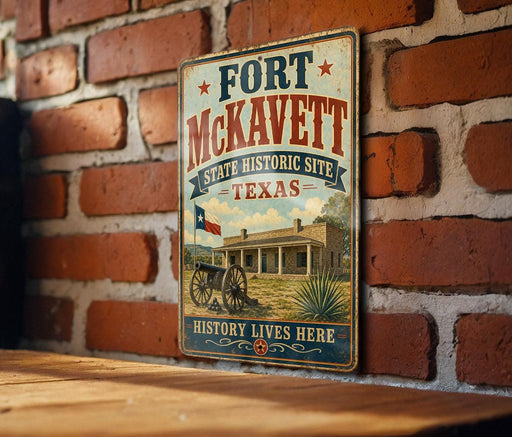 A vintage-style metal sign for the Fort McKeett State Historic Site in Texas, featuring an illustration of a historic building and a cannon.