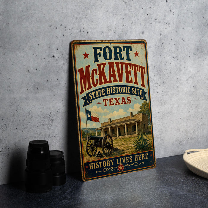 A vintage-style metal sign for the Fort McKavett State Historic Site in Texas, featuring an illustration of a historic building and a cannon.