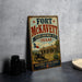 A vintage-style metal sign for the Fort McKavett State Historic Site in Texas, featuring an illustration of a historic building and a cannon.