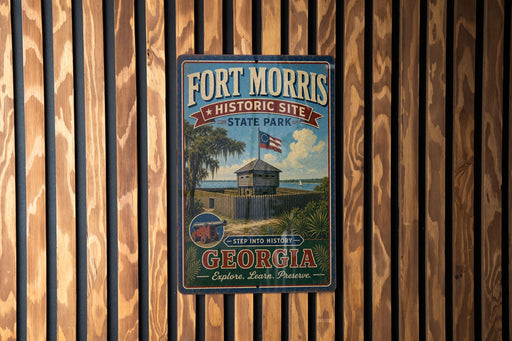 A vintage-style metal sign for Fort Morris Historic Site in Georgia, featuring a wooden fence and a building with an American flag.