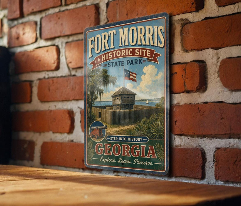A vintage-style metal sign for Fort Morris Historic Site in Georgia, featuring an illustration of a fort and palm trees, mounted on a brick wall.