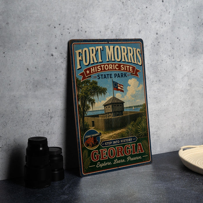 A vintage-style metal sign for Fort Morris Historic Site in Georgia, featuring an illustration of a historic fort and surrounding landscape.