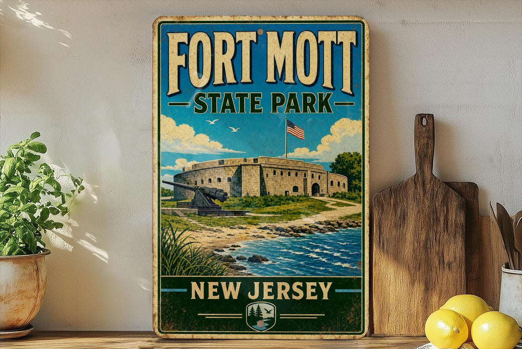 A vintage-style sign for Fort Mott State Park in New Jersey, featuring an illustration of the fort and surrounding landscape.