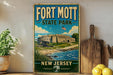 A vintage-style sign for Fort Mott State Park in New Jersey, featuring an illustration of the fort and surrounding landscape.