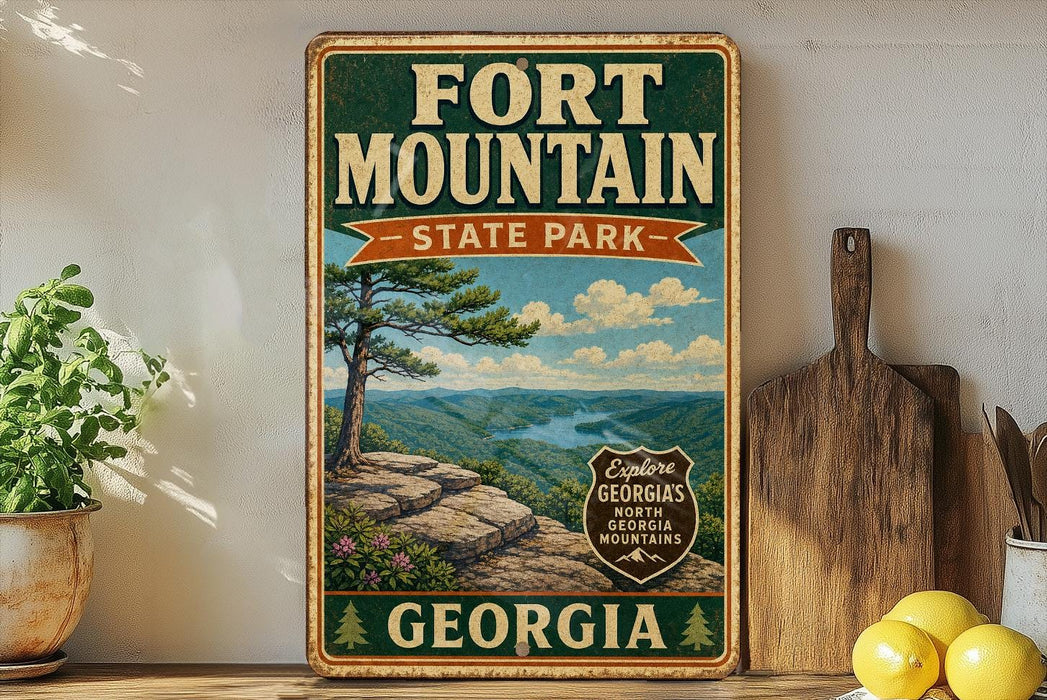 A vintage-style sign for Fort Mountain State Park in Georgia, featuring a scenic landscape with a mountain, pine trees, and a river.