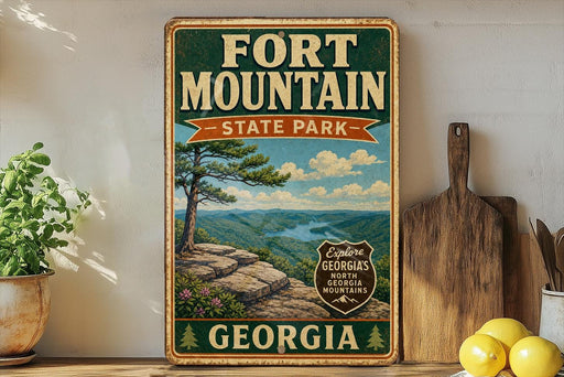 A vintage-style sign for Fort Mountain State Park in Georgia, featuring a scenic landscape with a mountain, pine trees, and a river.