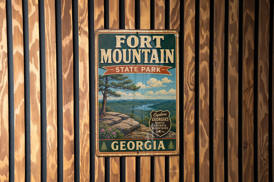 A vintage metal sign for Fort Mountain State Park in Georgia, featuring a scenic landscape with a pine tree and mountains in the background.