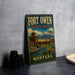 A vintage-style metal sign for Fort Owen State Park in Montana, featuring a castle and a river, is displayed on a gray concrete surface.