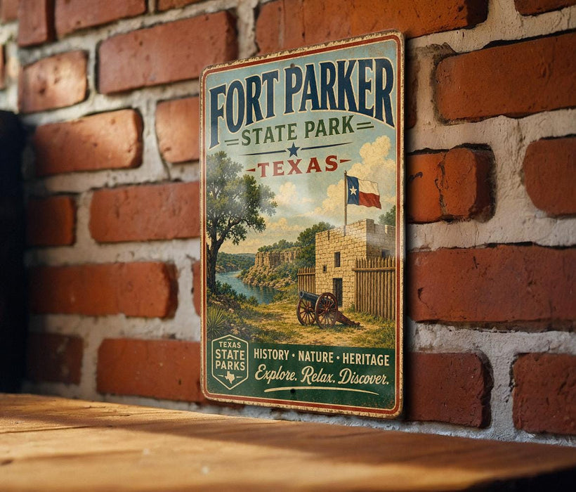 A vintage-style metal sign for Fort Parker State Park in Texas, featuring a scenic illustration of a historic fort and its surrounding landscape.