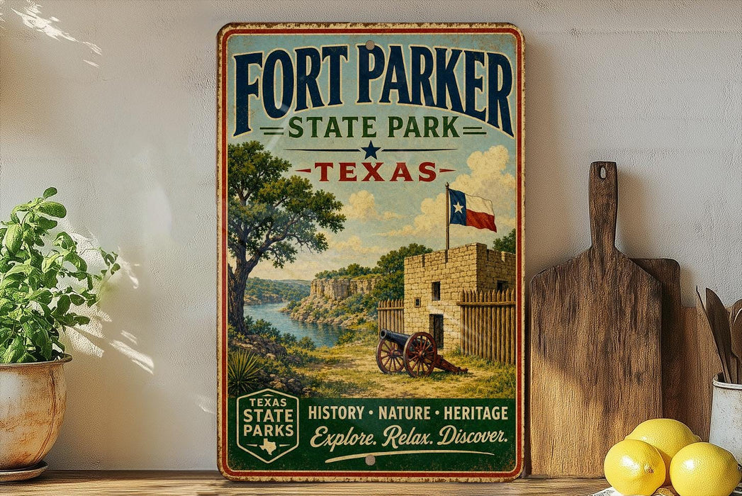 A vintage-style sign for Fort Parker State Park in Texas, featuring a scenic landscape with a castle, trees, and a river.