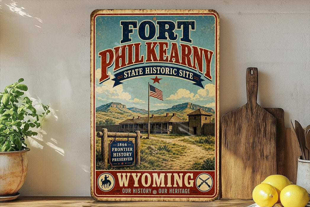 A vintage-style metal sign for Fort Phil Kearny, a historic site in Wyoming, with a picture of the site and a flag.