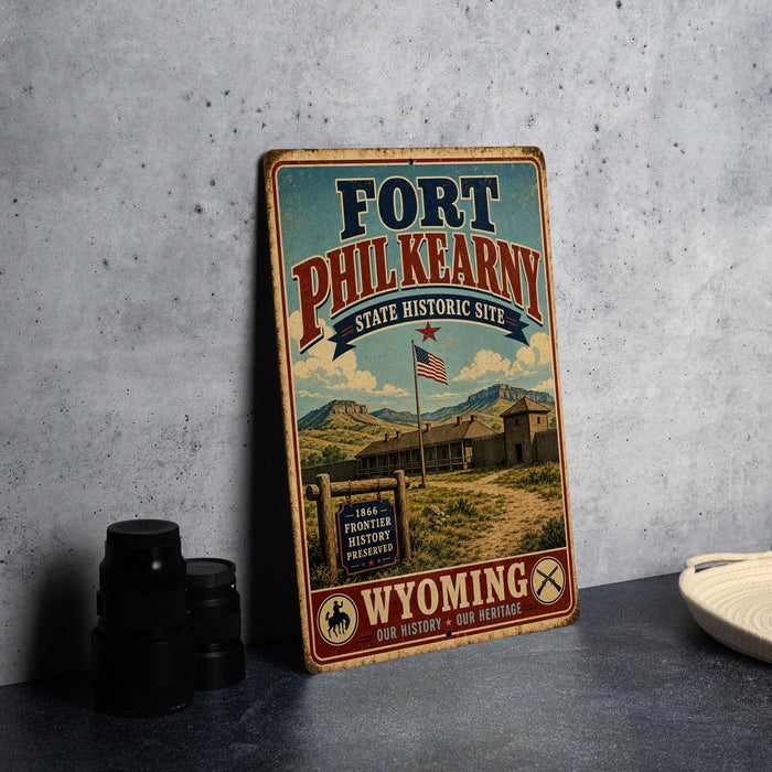 A vintage-style metal sign for Fort Phil Kearny, the State Historic Site in Wyoming, featuring an illustration of the historic site and the text "Wyoming" and "Wyoming's Old History - Our Heritage".