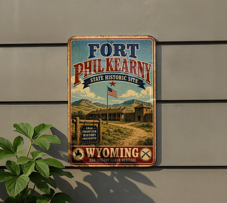 A vintage-style metal sign for Fort Phil Kearny, a historic site in Wyoming, with a desert landscape and a flagpole in the background.