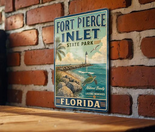 A vintage-style metal sign for Fort Pierce Inlet State Park in Florida, featuring a lighthouse and a beach scene.
