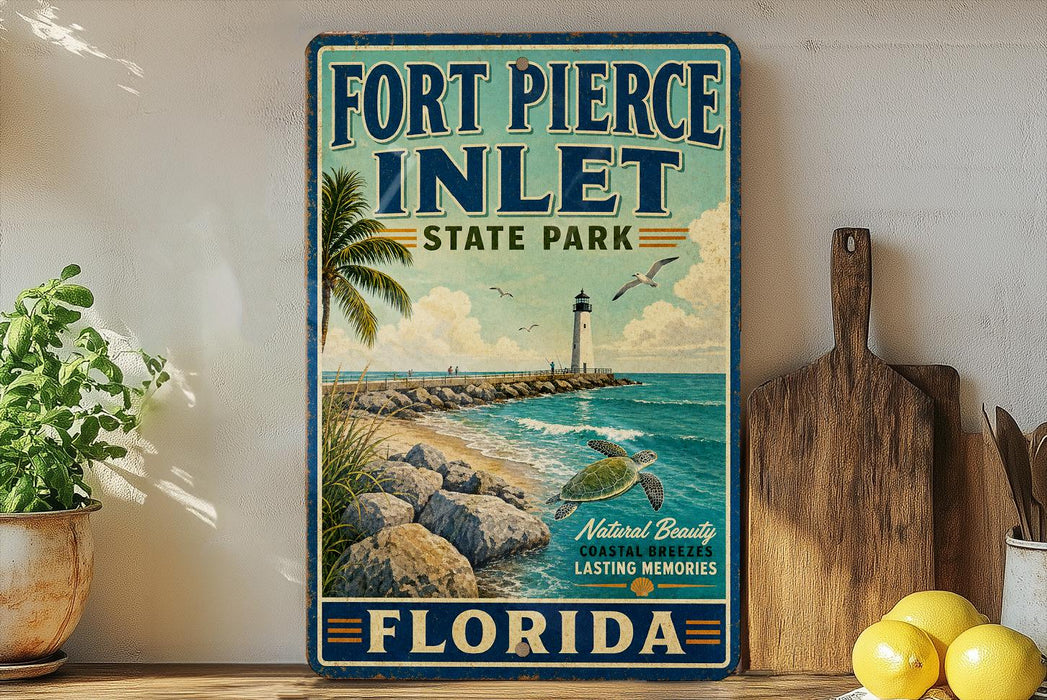 A vintage-style sign for Fort Pierce Inlet State Park in Florida, featuring a beach scene with a lighthouse and palm trees.