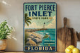 A vintage-style sign for Fort Pierce Inlet State Park in Florida, featuring a beach scene with a lighthouse and palm trees.