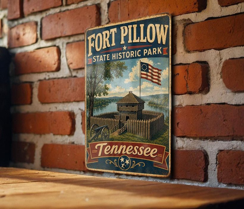 A vintage-style metal sign for Fort Pillow State Historic Park in Tennessee, featuring an illustration of a fort and a tree.