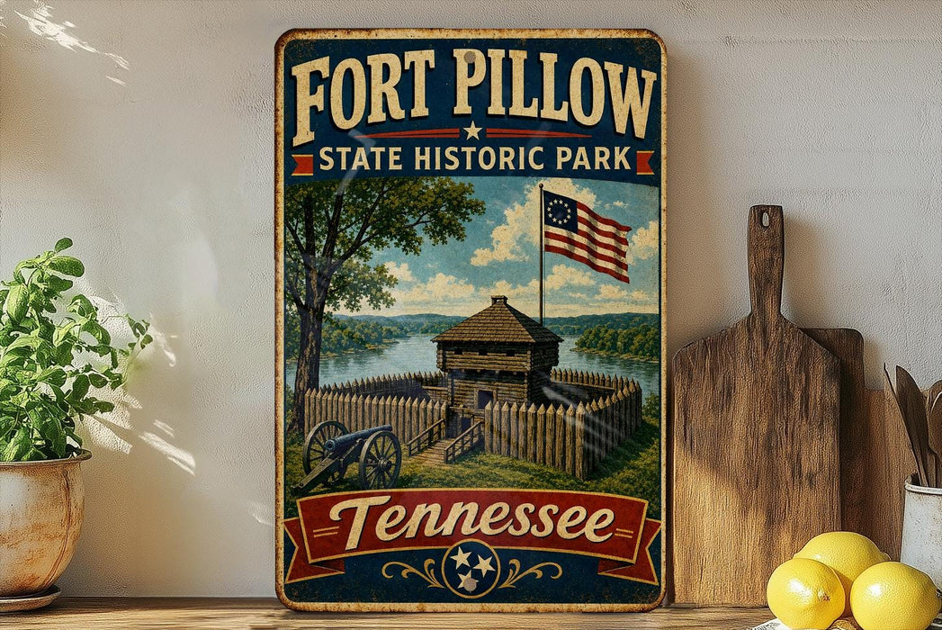 A vintage-style sign for Fort Pillow State Historic Park in Tennessee, featuring an illustration of a fort and surrounding landscape.