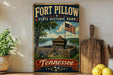 A vintage-style sign for Fort Pillow State Historic Park in Tennessee, featuring an illustration of a fort and surrounding landscape.