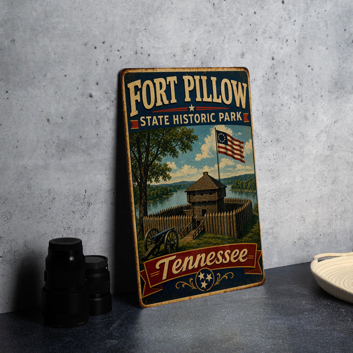 A vintage-style metal sign for Fort Pillow State Historic Park in Tennessee, featuring an illustration of a fort and surrounding landscape.