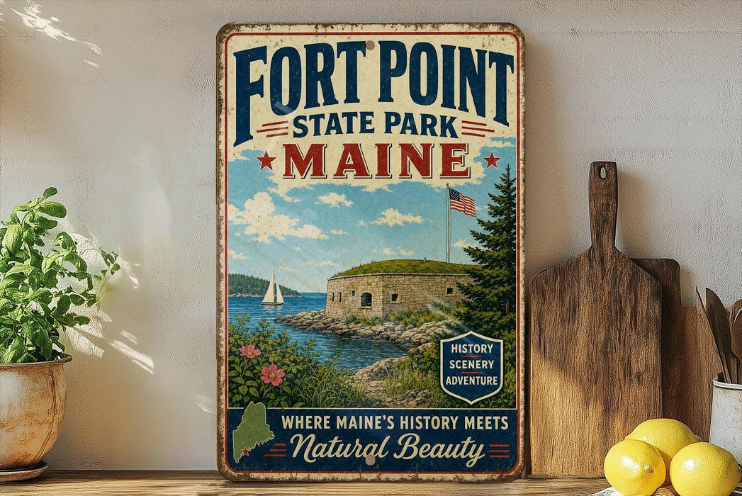 A vintage-style metal sign for Fort Point State Park in Maine, featuring a scenic illustration of the park and its surroundings.