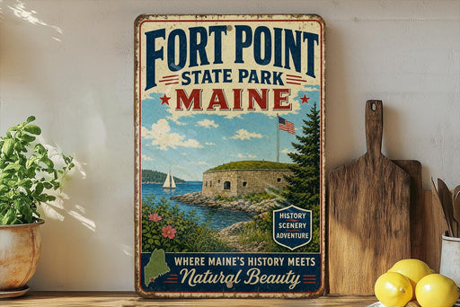 A vintage-style metal sign for Fort Point State Park in Maine, featuring a scenic illustration of the park and its surroundings.
