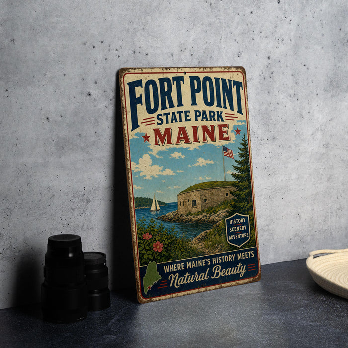 A vintage-style metal sign for Fort Point State Park in Maine, featuring a scenic illustration of the park and its surroundings.