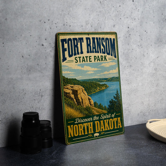 A vintage-style metal sign for Fort Ransom State Park, featuring a scenic landscape with a river and mountains, is displayed on a gray concrete surface.