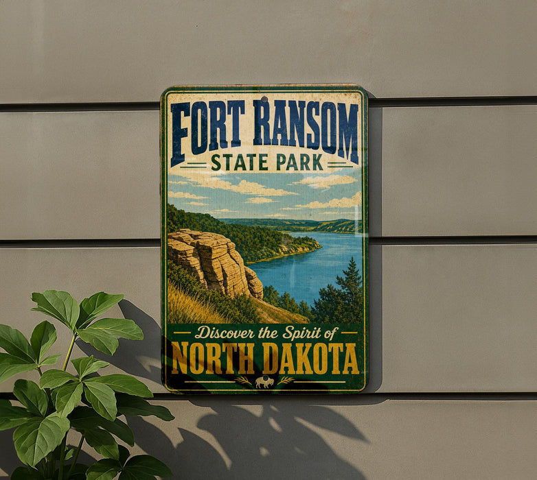 A vintage-style sign for Fort Ransom State Park, featuring a scenic landscape with a river and mountains in the background.