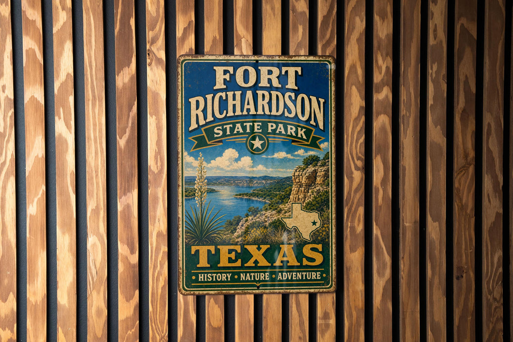 A vintage-style metal sign for Fort Richardson State Park in Texas, featuring a scenic landscape with a lake and mountains.