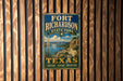 A vintage-style metal sign for Fort Richardson State Park in Texas, featuring a scenic landscape with a lake and mountains.