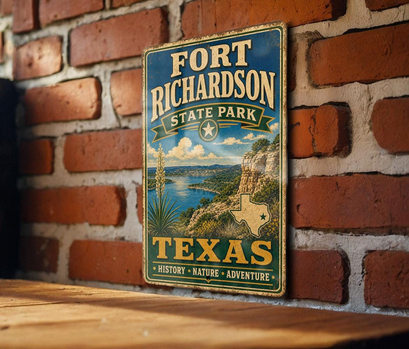 A vintage-style metal sign for Fort Richardson State Park in Texas, featuring a scenic illustration of the park's landscape.
