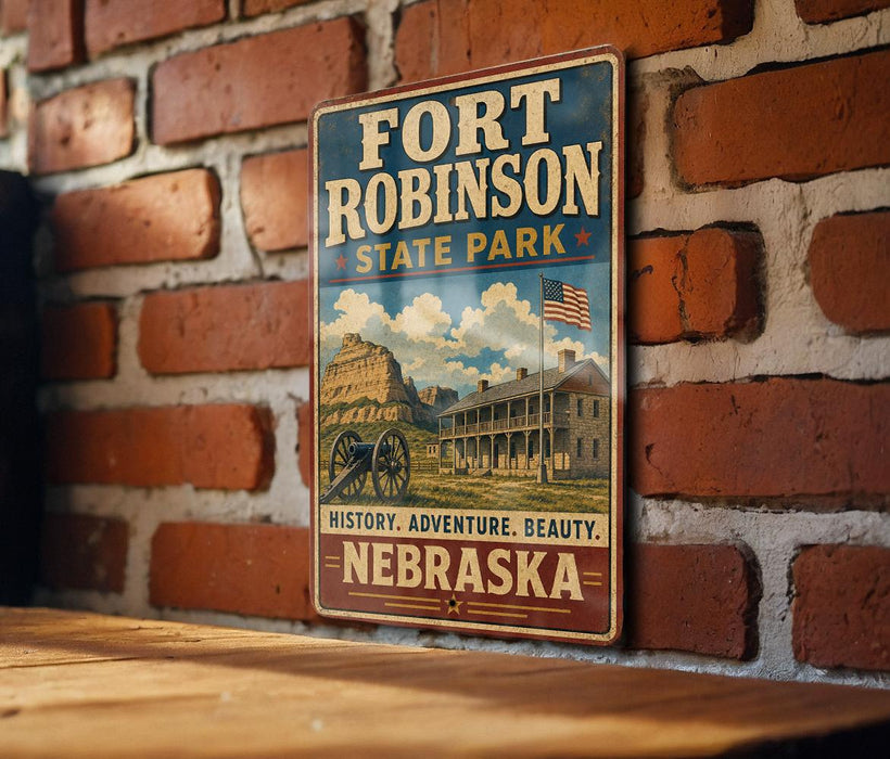A vintage-style metal sign for Fort Robinson State Park in Nebraska, featuring an illustration of the park's historic buildings and a prominent American flag.