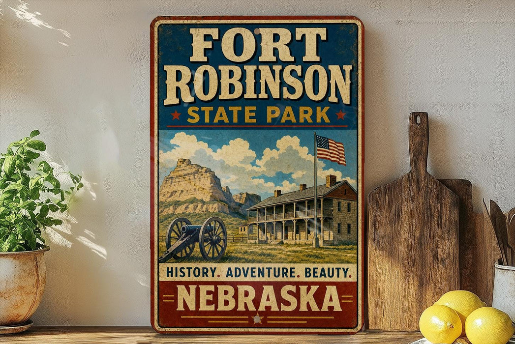 A vintage-style sign for Fort Robinson State Park in Nebraska, featuring a large illustration of a historic building and a cannon, with the text "History, Adventure, Beauty, Nebraska" below.