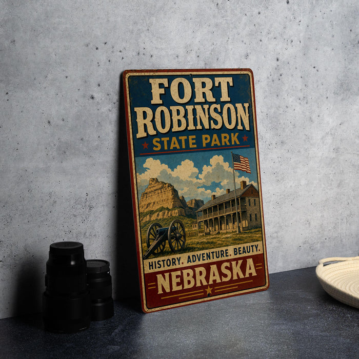 A vintage-style metal sign for Fort Robinson State Park in Nebraska, featuring an illustration of the state park and a prominent American flag.