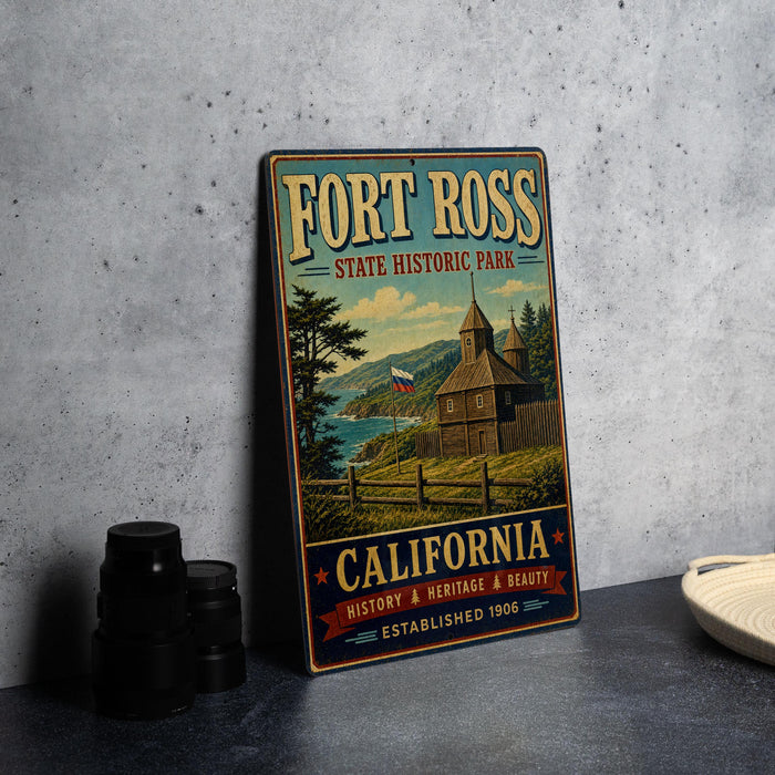 A vintage-style metal sign for Fort Ross State Historic Park in California, featuring a scenic landscape with a church and a river.