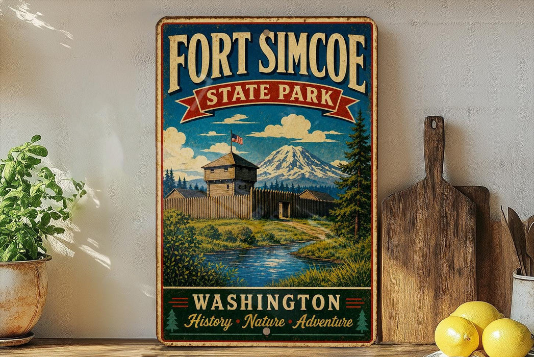 A vintage-style sign for Fort Simcoe State Park in Washington, featuring a castle, mountains, and a river, is displayed on a wooden shelf next to a potted plant and a cutting board.
