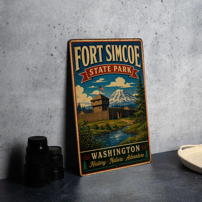 A vintage-style metal sign for Fort Simcoe State Park, featuring a scenic illustration of the park's landscape and a mountain backdrop.